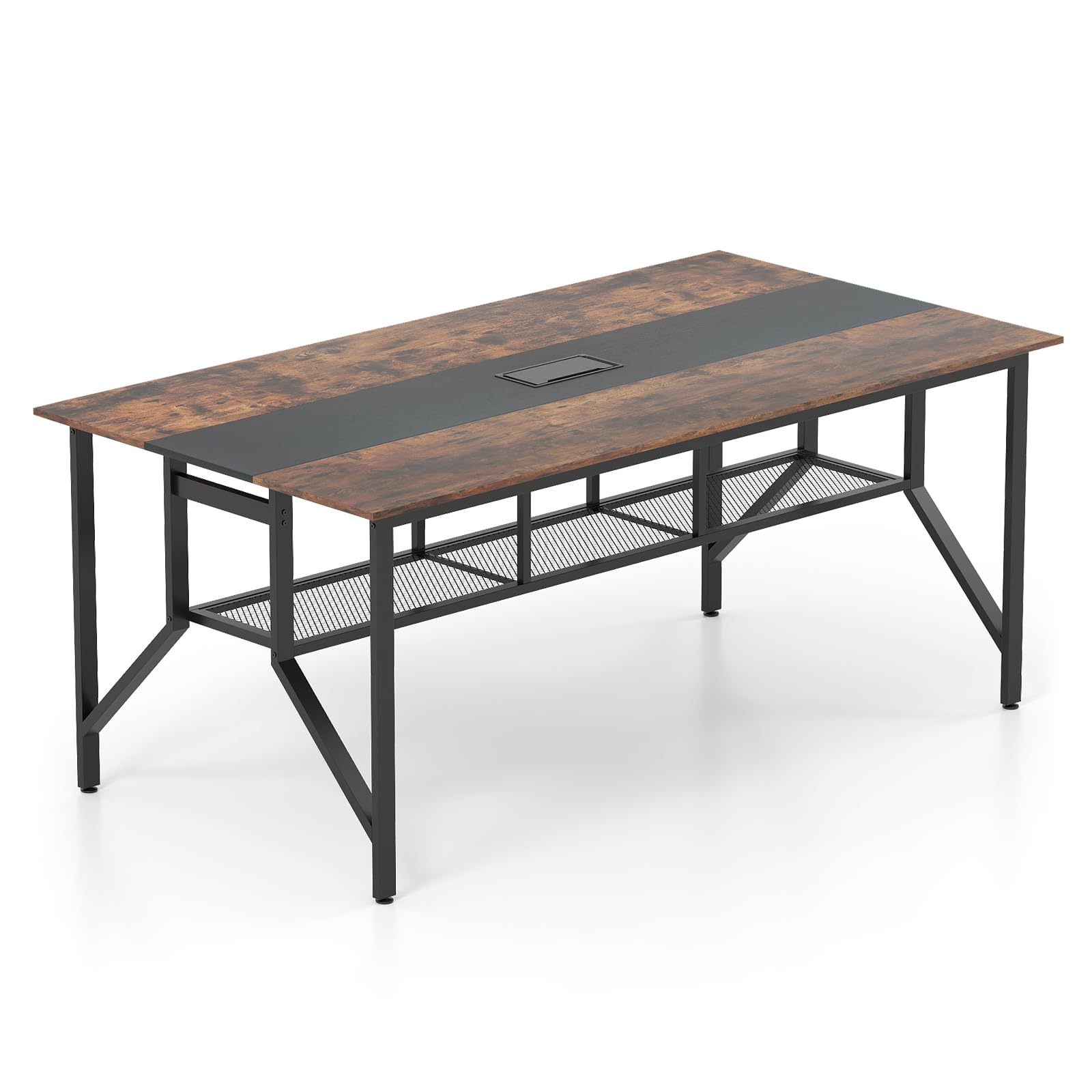 GYMAX Großer Konferenztisch 180 x 96 cm, Besprechungstisch für 6-8 Personen mit Kabeldurchlässen & Ablageregal, Meetingtisch für Geschäftstreffen, Konferenzraum & Büro