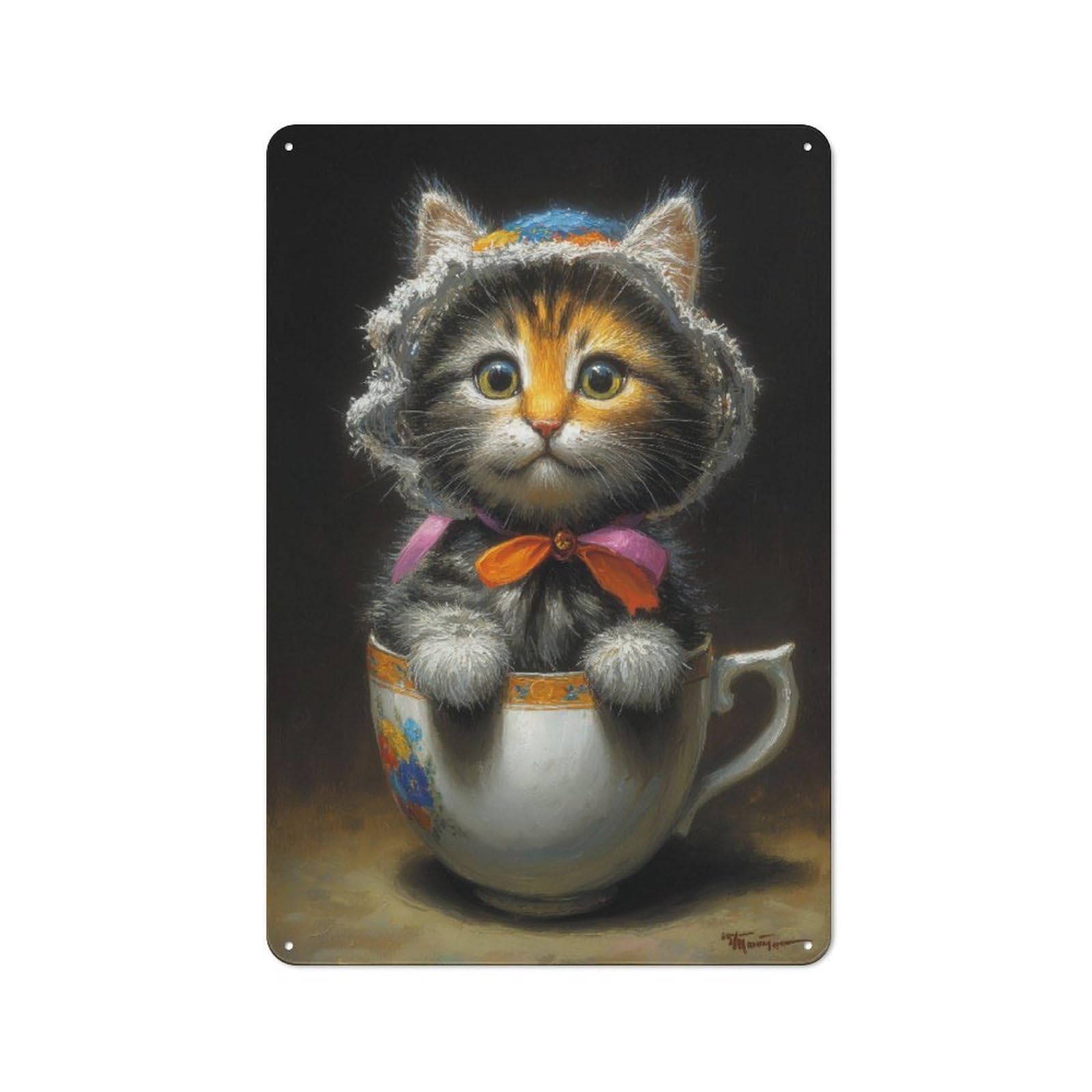 Junmoney Teacup Kitten Charm 30X20cm Retro Metal Sign With For Man Cave Or Games Room, Tin Sign Wall Decor For Games Rooms And Man Caves