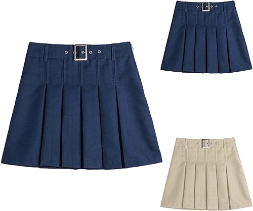 Uniform Skirts for Girls Trendy Belt Buckle Pleated Scooter Skirt Pull-on Chino School Uniform Skorts for Teens 4-18Years(Navy,12-13 Years)