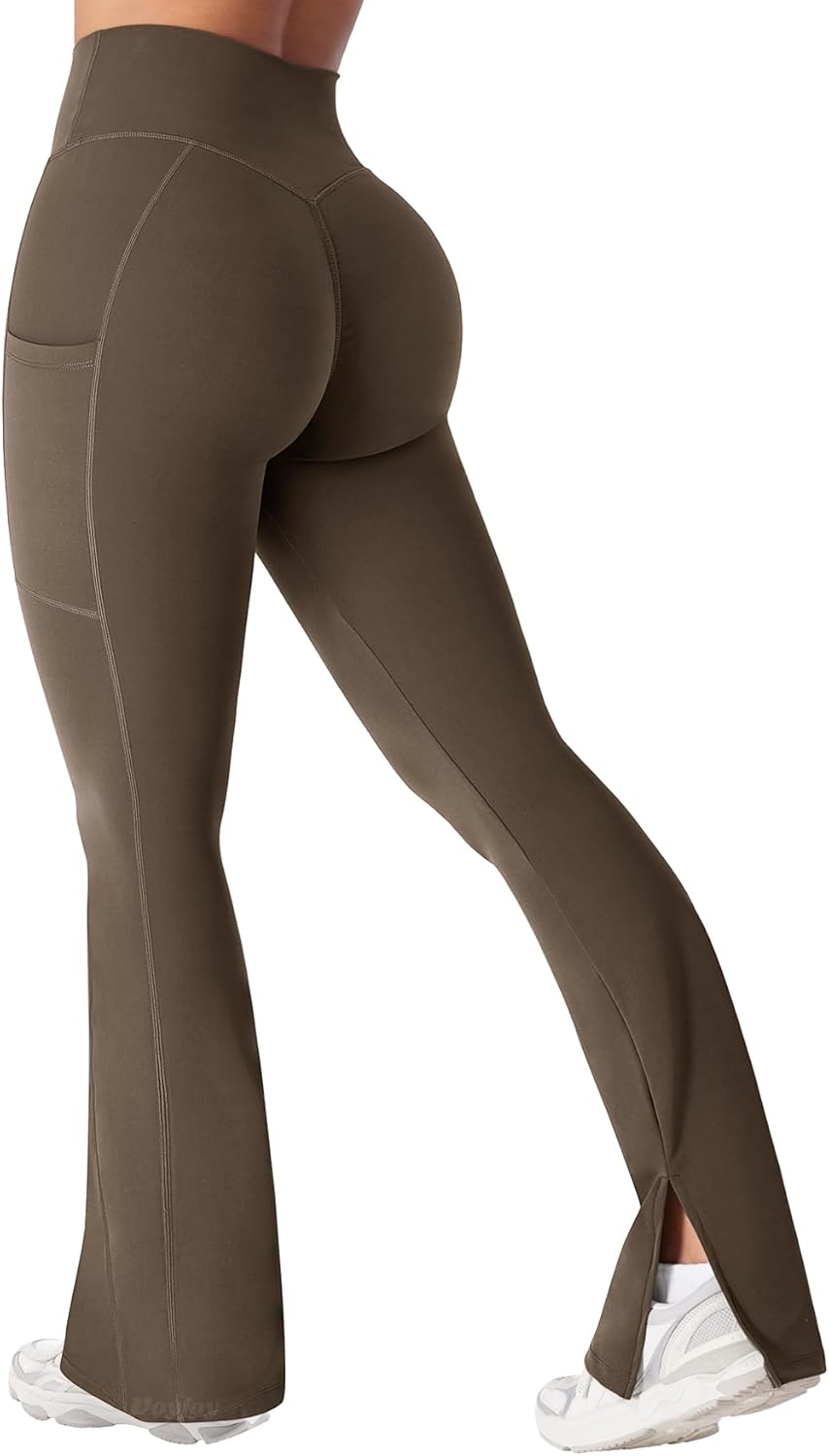 VOYJOY Women’s High Waist Split Hem Legging Flare Yoga Pants Hidden Scrunch Leggings with Side Pockets