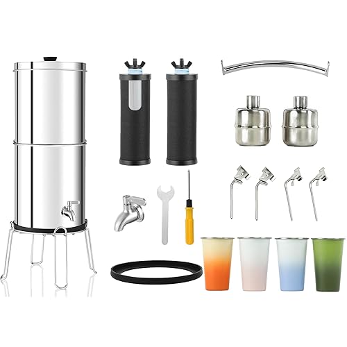 Kit completo de sistema de filtro de agua por gravedad de 2.25 G, acero inoxidable con mango, 2 válvulas de cierre, 4 tazas y soportes, encimera, 2