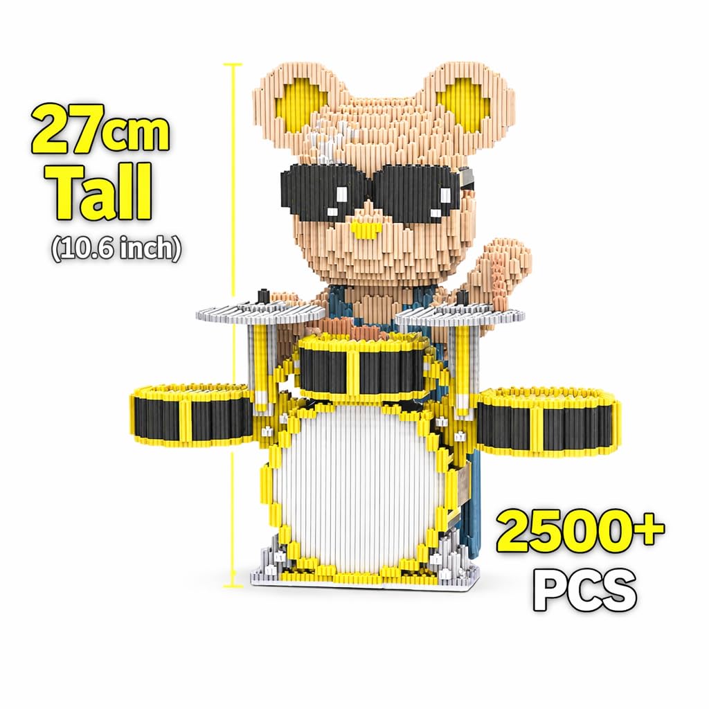 Drummer Building Block Bear Sculpture 27cm Tall, 2500+ PCS Music Brick Figure with Drum Set, DIY Collectible Display Toy - Image 3