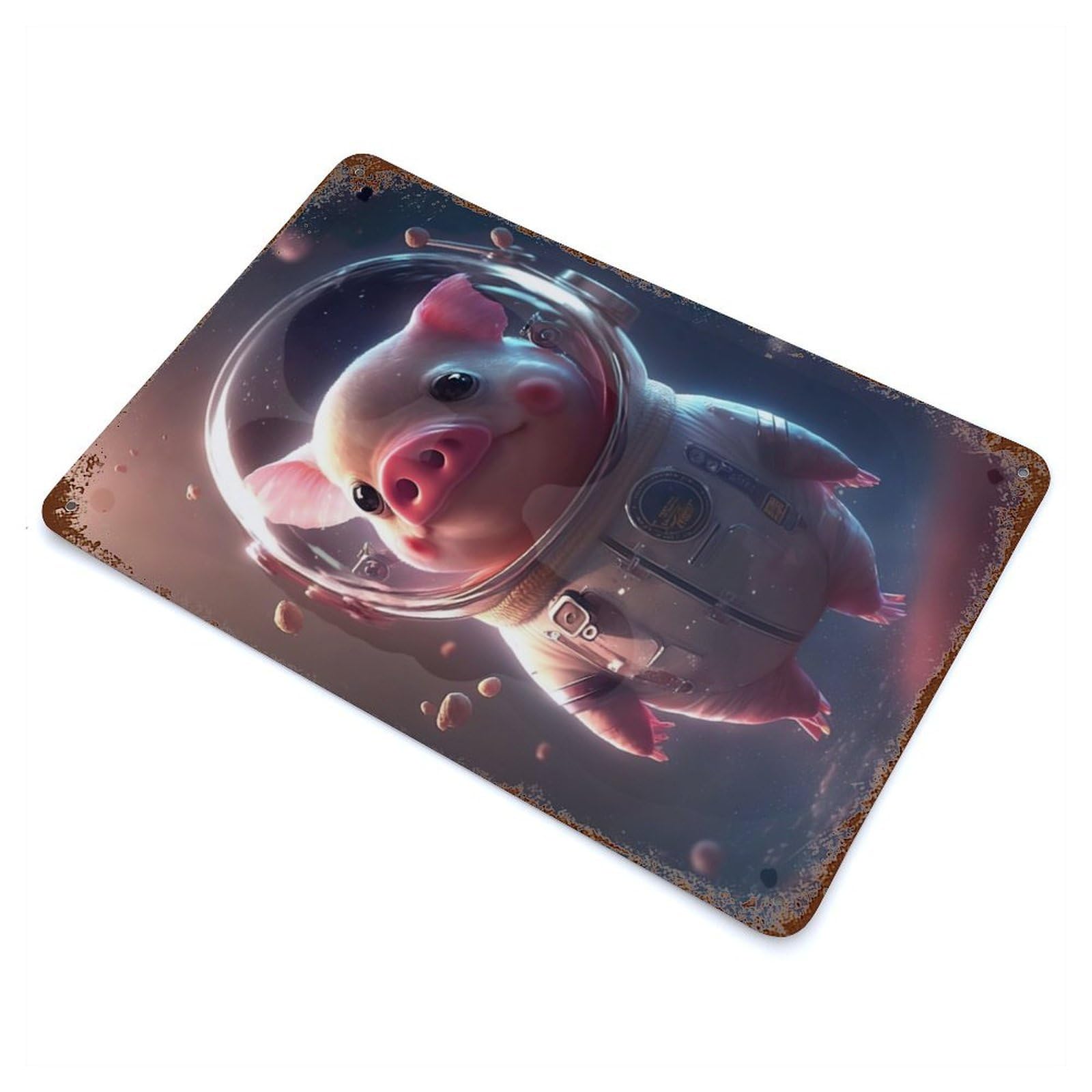 Rust Effect Astronaut Space Pig Weathered Tin Sign 11.8"x7.9", Classic Wall Plaque for Living Room, Hallway And Home Decor