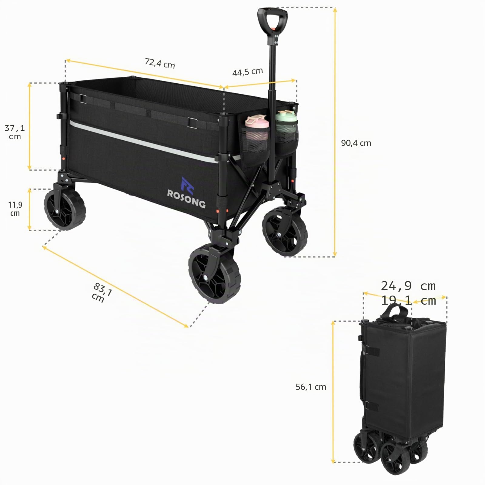 ROSONG Carro Playa Plegable con Ruedas Grandes Todo Terreno Carrito de Transporte Robusto Carro Playa con Bandas Reflectantes para Camping Jardín y Compra, Negro 120L