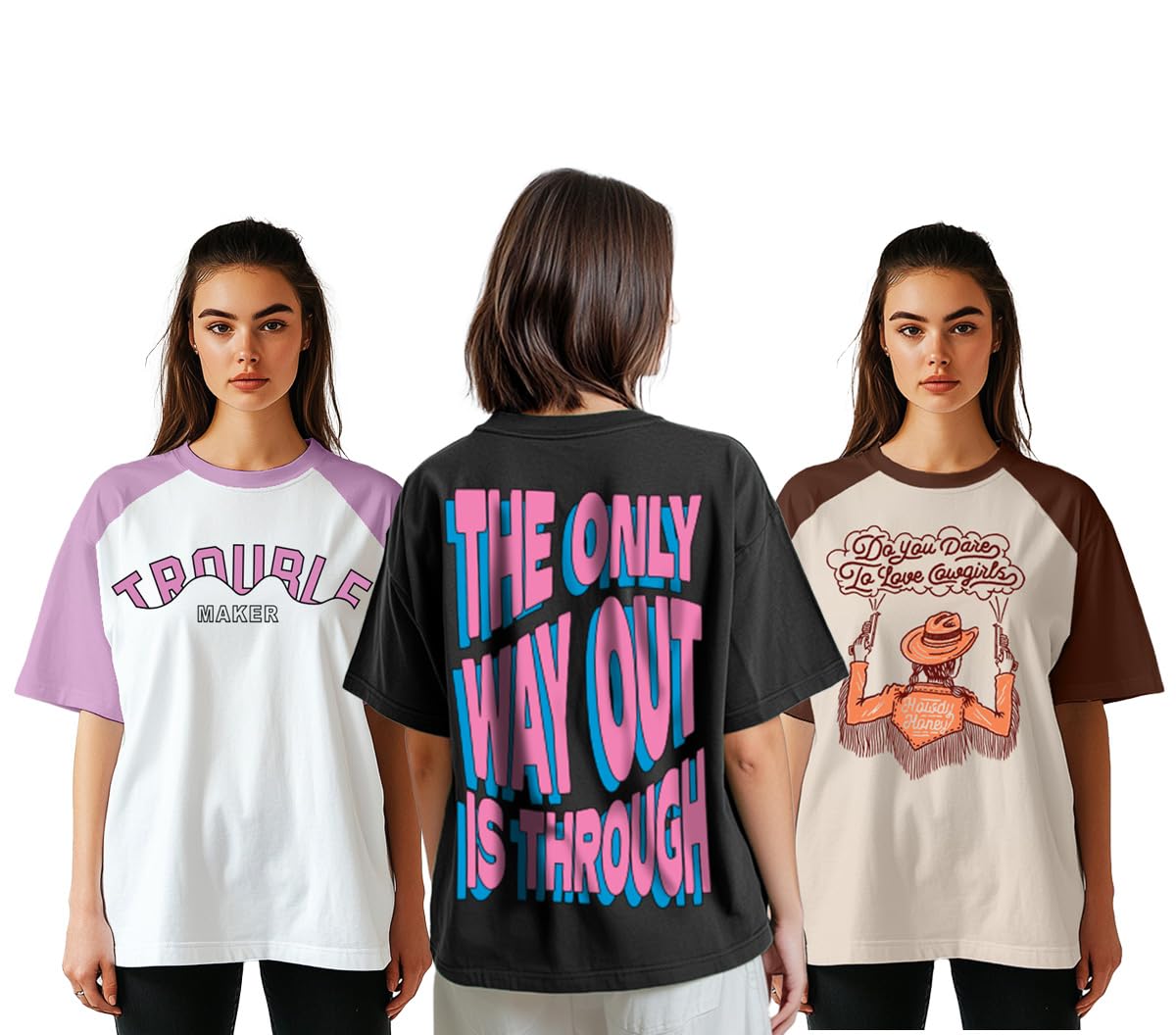 juneberry 100% Pure Cotton Oversized Loose Fit Boyfriend Half Sleeve Cool Front & Back Graphic Printed Round Neck T-Shirt Combo for Women (Pack of 3)-picture-31