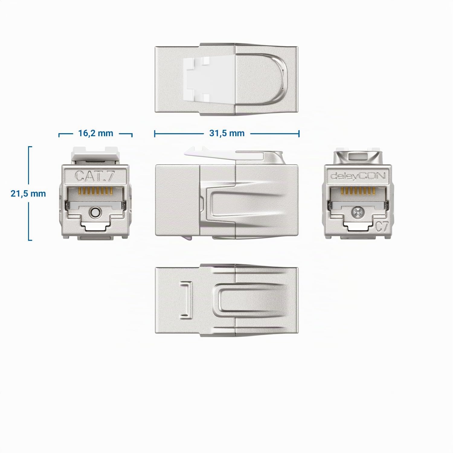 deleyCON 24 Pieza Cat 7 Acoplamiento Keystone Metal 2X RJ45 Conector Conector para Cable de Conexión RJ45 600 MHz 10 Gbps LAN DSL Ethernet y Utilizable como Keystone - Plata