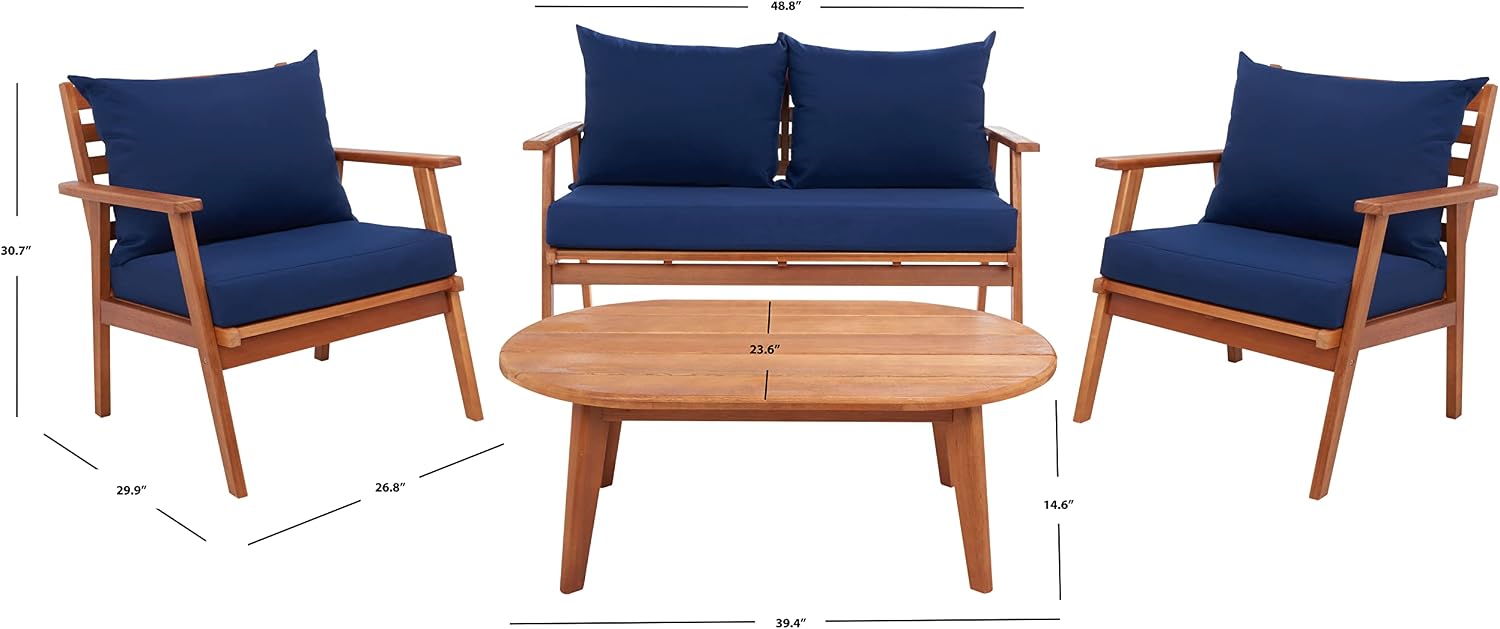 SAFAVIEH Outdoor - Deacon 4-Piece Conversation Set - Brown & Navy - Solid Wood - Coastal Slatted Design with Cushions - Ideal for Patio, Deck, Porch, Backyard (PAT7050B)