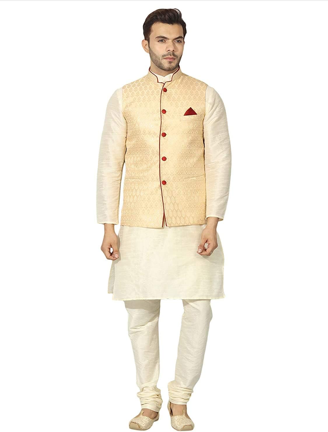 Uri and MacKenzie Men's Silk Blend Regular Kurta Churidar Pyjama with Bundi Nehru Jacket/Waistcoat
