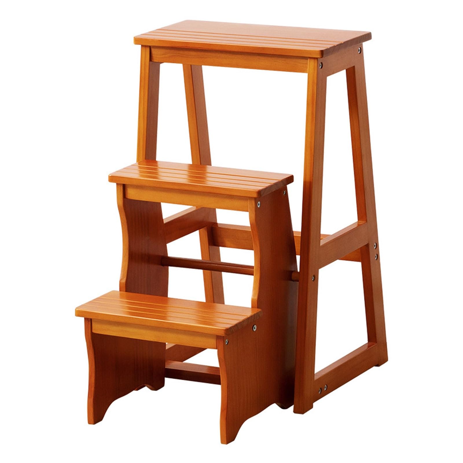 Taburete de madera color miel de 3 escalones plegable y banco multifuncional