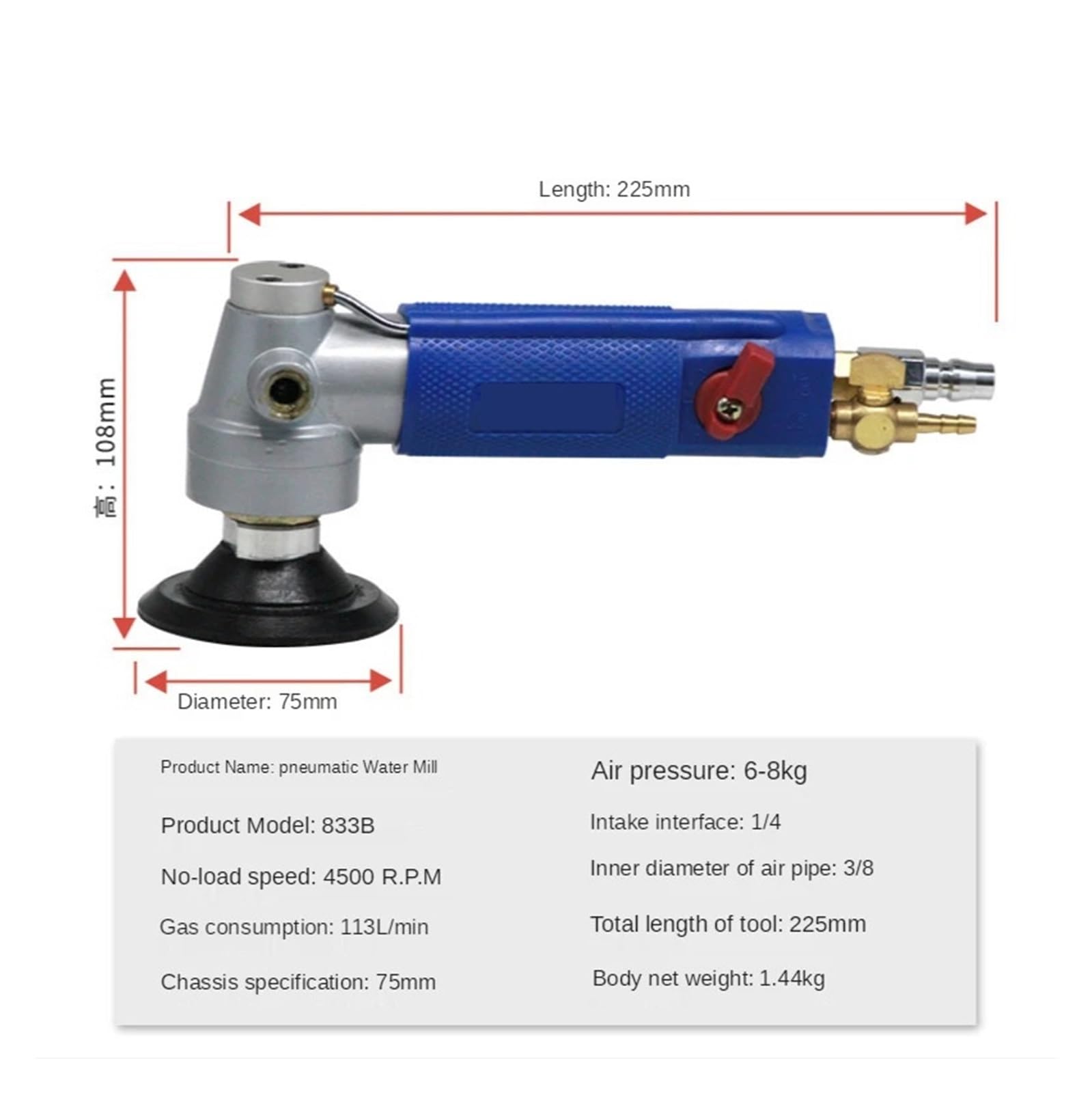Levigatrice pneumatica, Levigatrice pneumatica ad Aria compressa da 3'' Pollici, Mulino Acqua, lucidatrice a Umido, Macchina for lucidatura di Marmo, Quarzo, Granito e Pietre