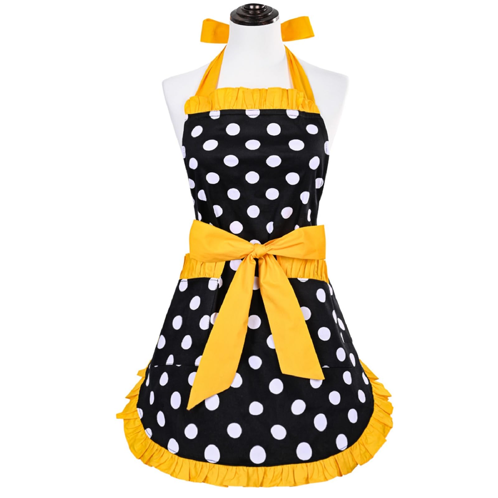 Violet Mist Cute Sweetheart Vintage Apron for Women Girls Polka Dot Retro Stylish Apron Sexy Black Dress 50s Aprons Lace Ruffle Adjustable Neck Strap Flirty Aprons Halloween Christmas Mothers Gifts: Yellow