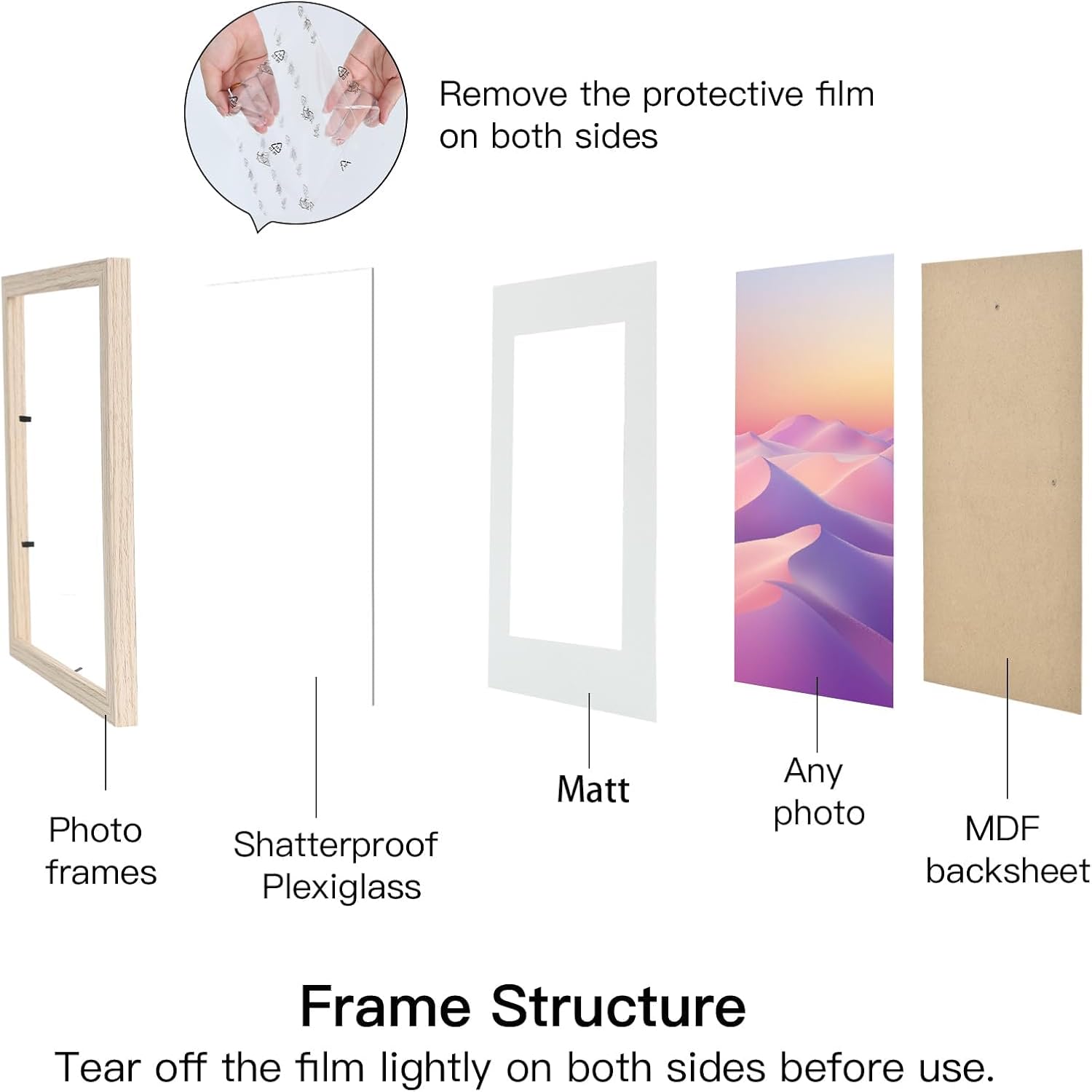 LYYYXGYP 11x14 Picture Frame Wood Grain Beige Display Photos 8x10 with Mat or 11 x 14 Without Mat Wall Hanging Poster Frame Set of 3 - Image 3