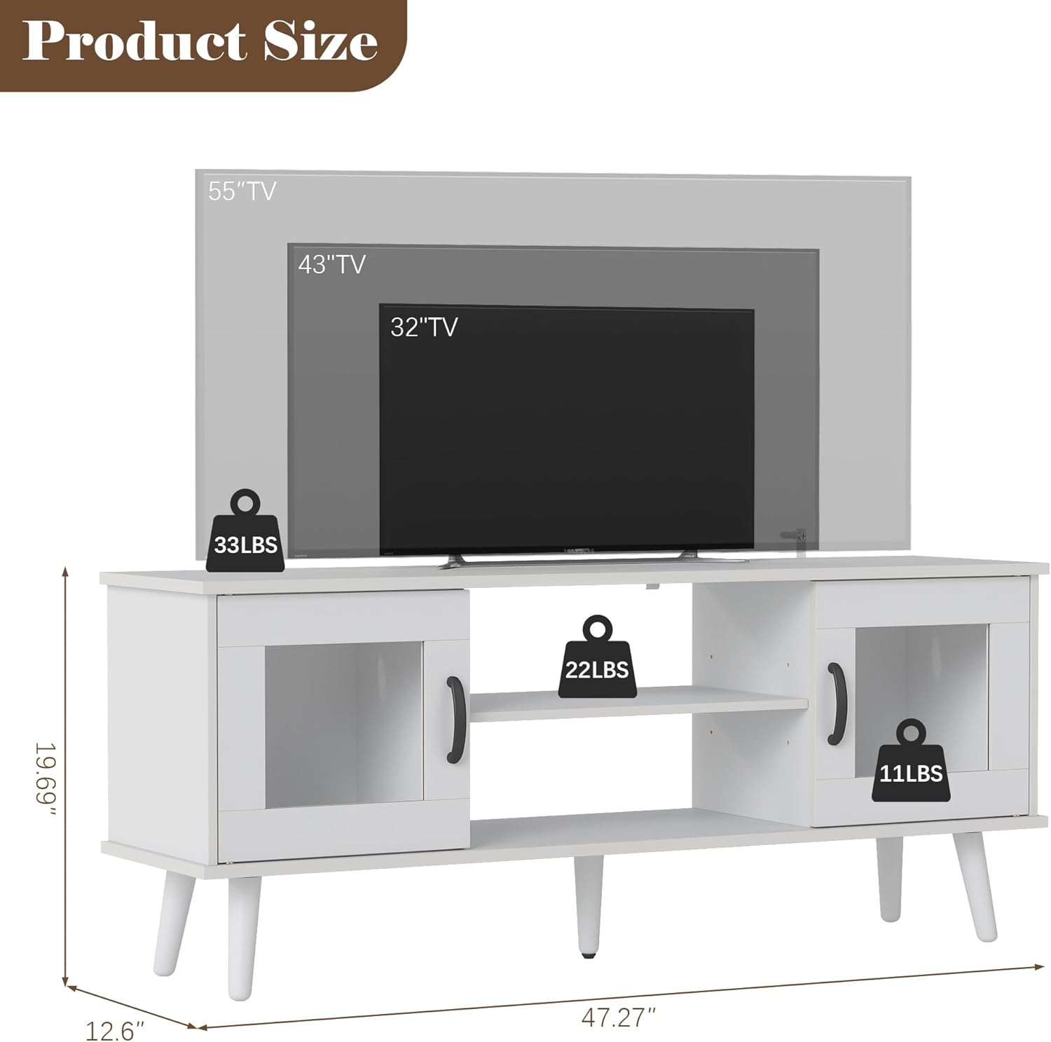 Wood TV Stand for 55 Inch TV, Mid Century Modern Entertainment Center with Adjustable Shelf, Sensor LED Light, 2 Cabinets, TV Media Console for Living Room Bedroom White - Image 2
