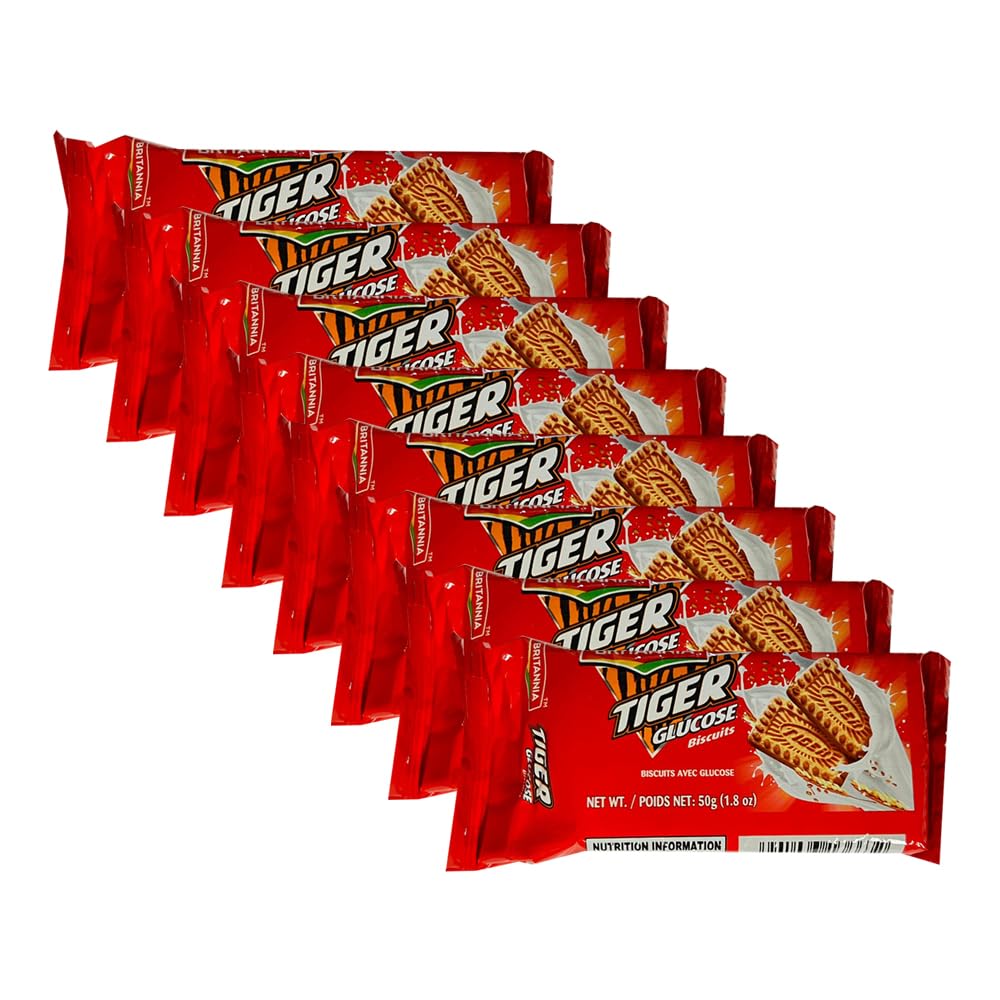 BRITANNIATiger Glucose Biscuits Family Pack 1.76oz (50g) - Healthy & Delicious - Kids Breakfast & Tea Time Snacks (Pack of 8)