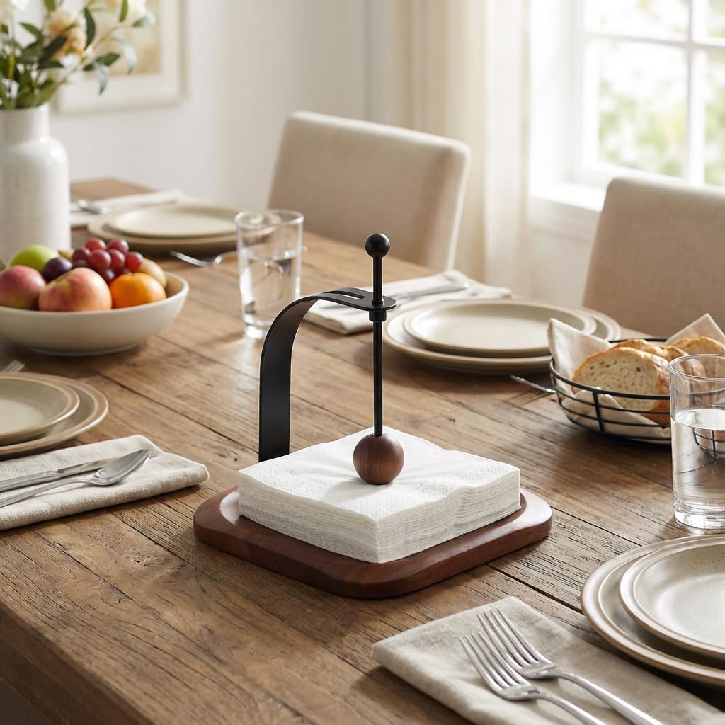 Servilletero cuadrado de madera de nogal para mesa, dispensador de servilletas cuadrado con soporte de metal para servilletas de cóctel, adecuado para cocina, restaurante, bar, oficina, fiestas,