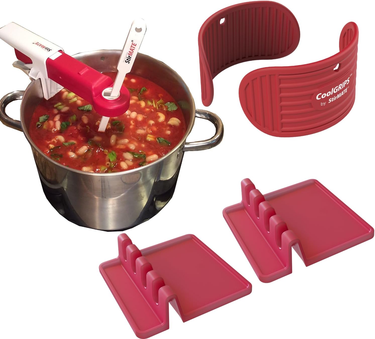 StirMATE StirMATE Essentials Set - Automatic Pot Stirrer + CoolGRIPS (2 heat resistant Grippers) + 2x Counter Guards – Complete Hands-Free Cooking & Heat-Safe Kitchen Bundle