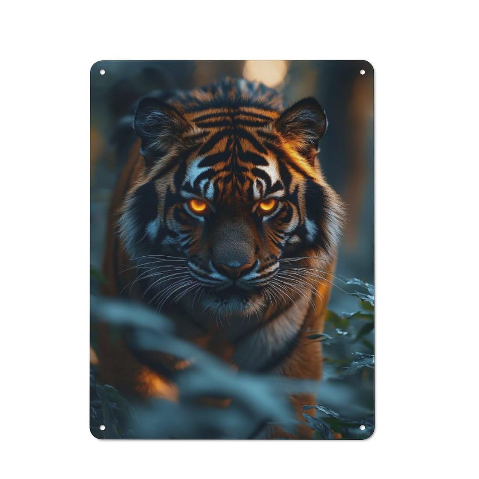 Tin Wall Plaque 40x30cm with Tiger with Glowing Eyes in Forest for Workshop Wall, Housewarming Wall Decor for People Furnishing Workshop
