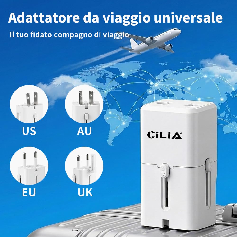 CILIA Adattatore Universale da Viaggio Presa Internazionale 150+ Paesi Spine US/UK/EU/AUS Compatto Bianco 2PCS