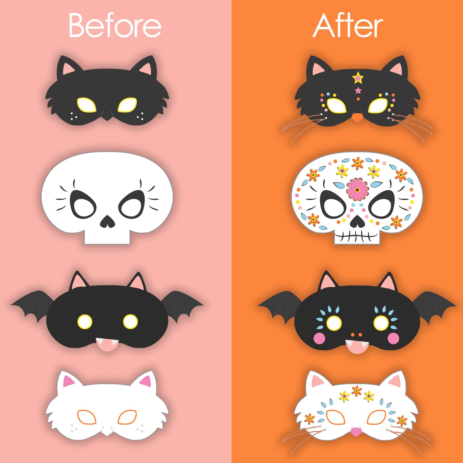 Talking Tables 8 x Halloween Party Masks for Kids Making Kit Craft Activity Customisable, Face Masks Dressup DIY Costume, Cat - Image 4