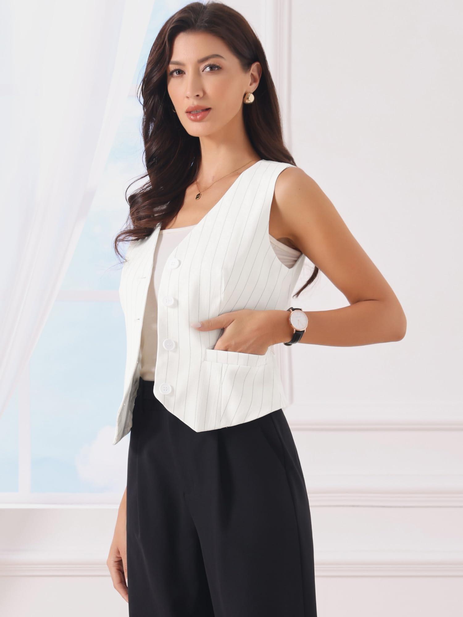 Allegra K Chaleco de Traje Mujer A Rayas Cuello En V Blazer Sin Mangas Con Botones