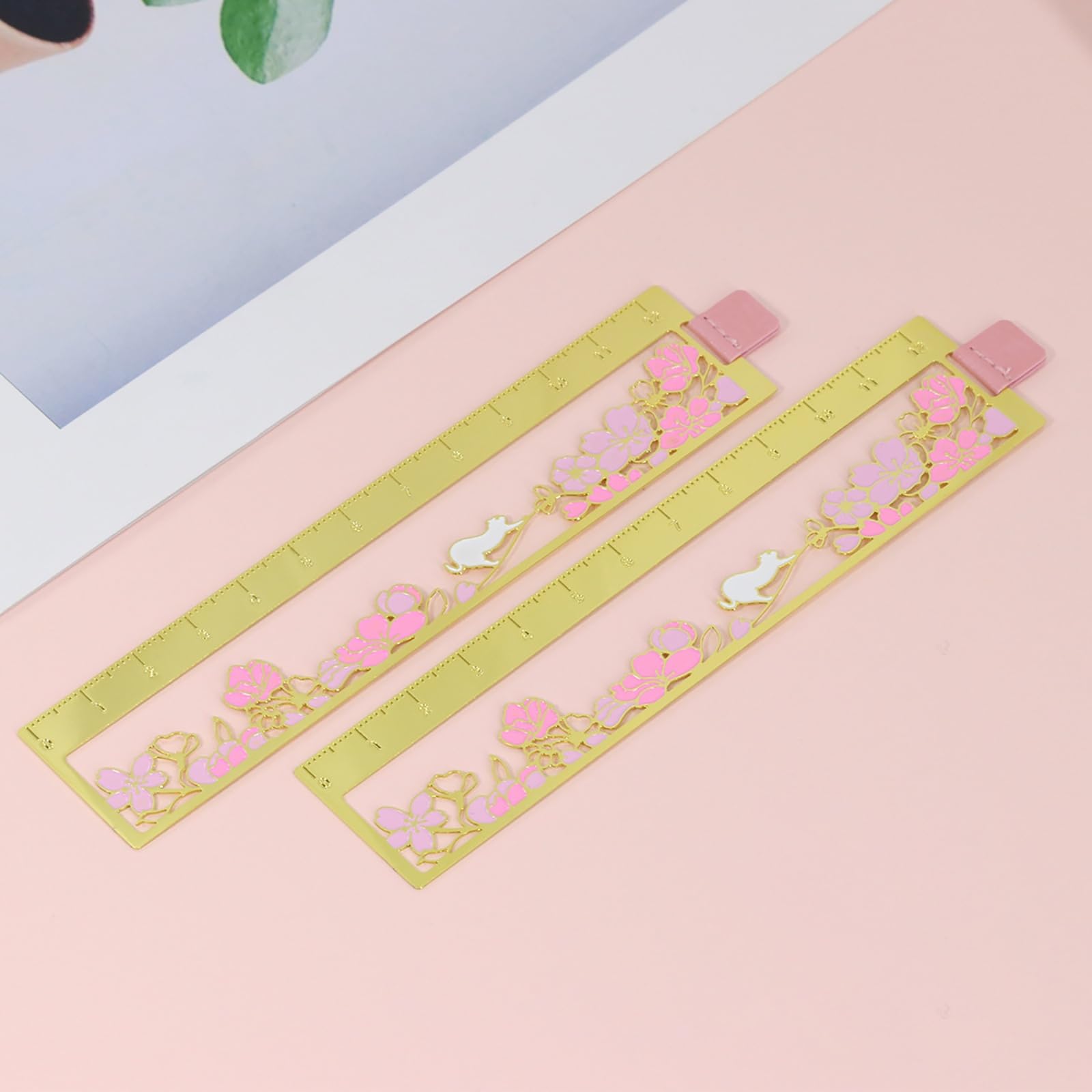 Marque-Page,Peach Blossom Cat Ruler Art Signets Creative Culture Signets Signets en métal Simple