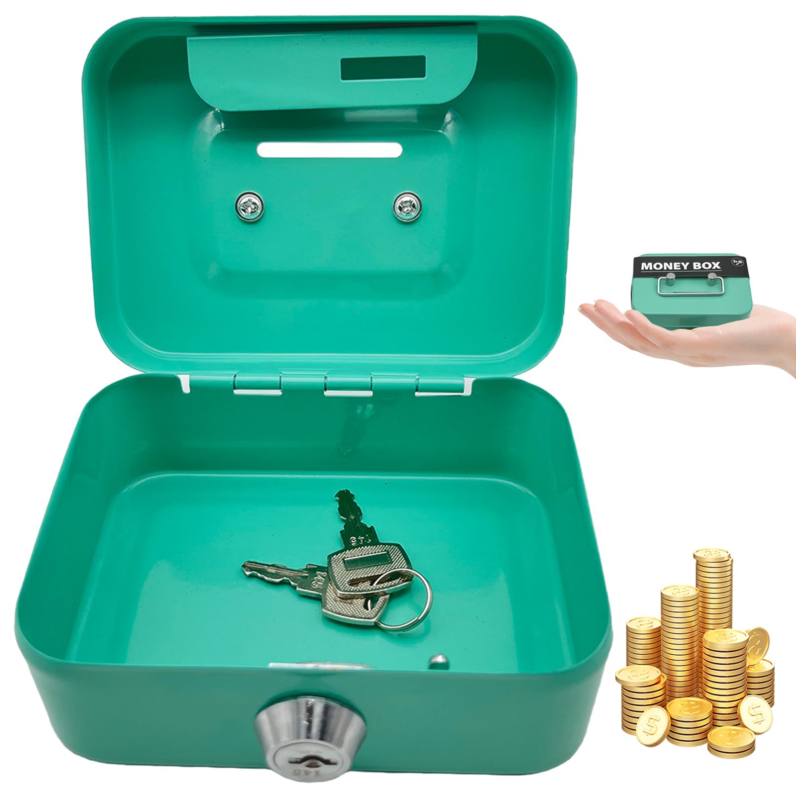 Lockable Money Box, 4.5 Inch Iron Cash Box with Keys and Coin Slot Safe Sturdy Petty Cash Tin Coin Bank with 2 Keys for Kids Adults Green