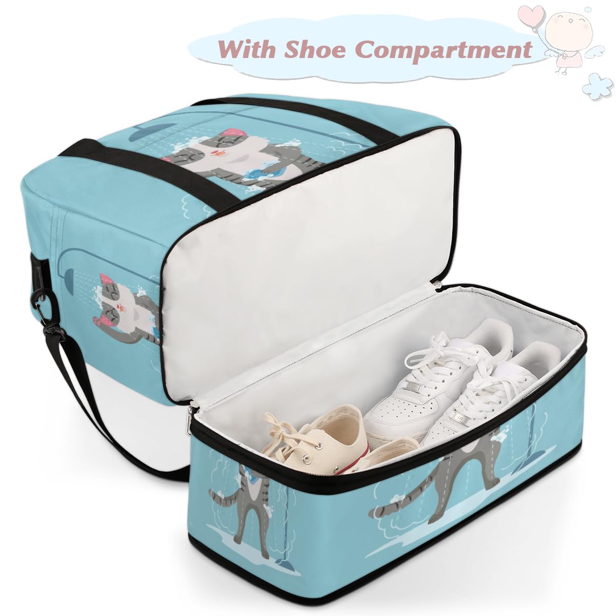 Bolsa de viaje plegable con diseño de gato divertido de 47 l, bolsa de fin de semana con funda de carrito húmeda, bolsa de hombro separada para deportes, gimnasio, viajes, multicolor, 47L, Bolsa de
