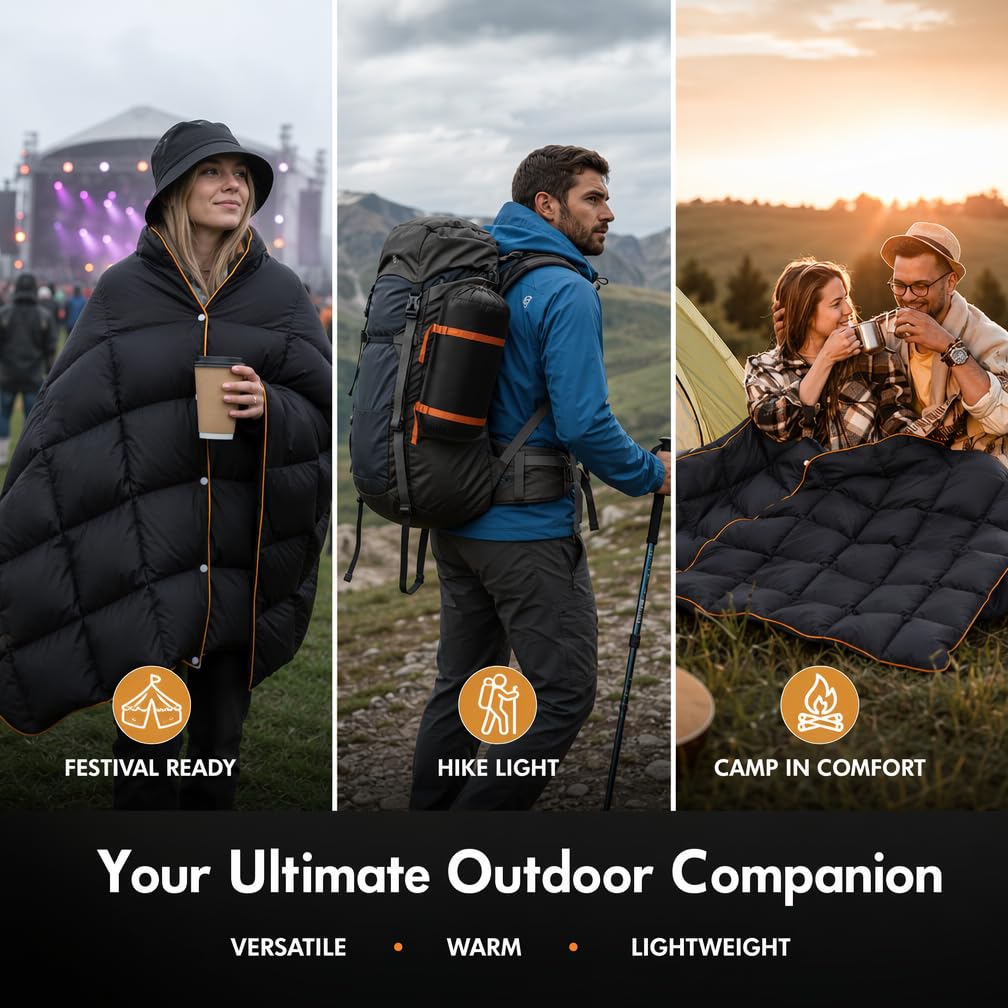 Couverture de camping 100 % duvet de canard – 145 x 184,9 cm, légère et pliable, coque résistante à l'eau 20D, compacte et chaude pour la randonnée, les voyages et le camping en plein air