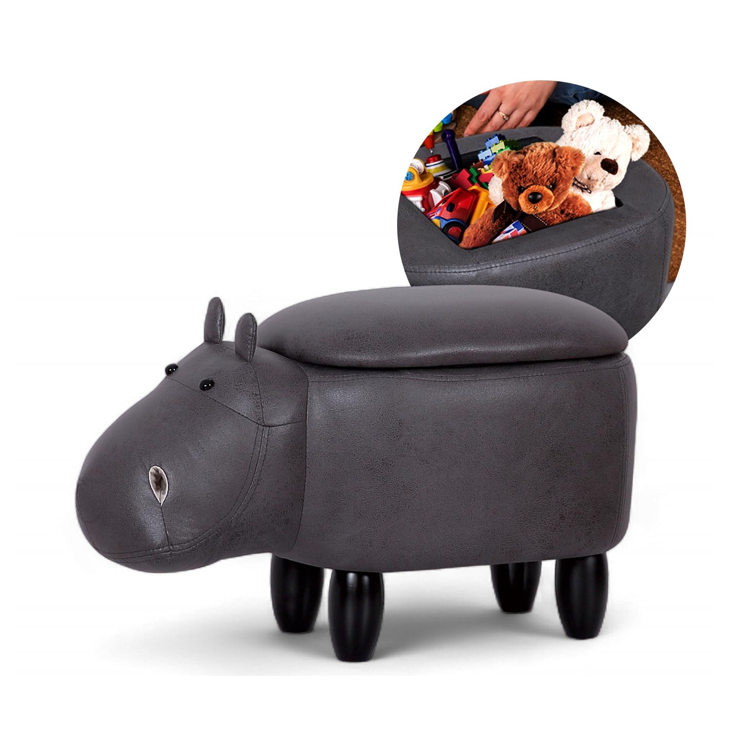 Suleno Nilpferd Tierhocker mit Stauraum, Niedlicher Organizer &, 36 cm | Sitzbox für Kinder, weicher Bezug in Lederoptik, Holzbeine, dekorative Möbel für Kinderzimmer 66 x 36 x