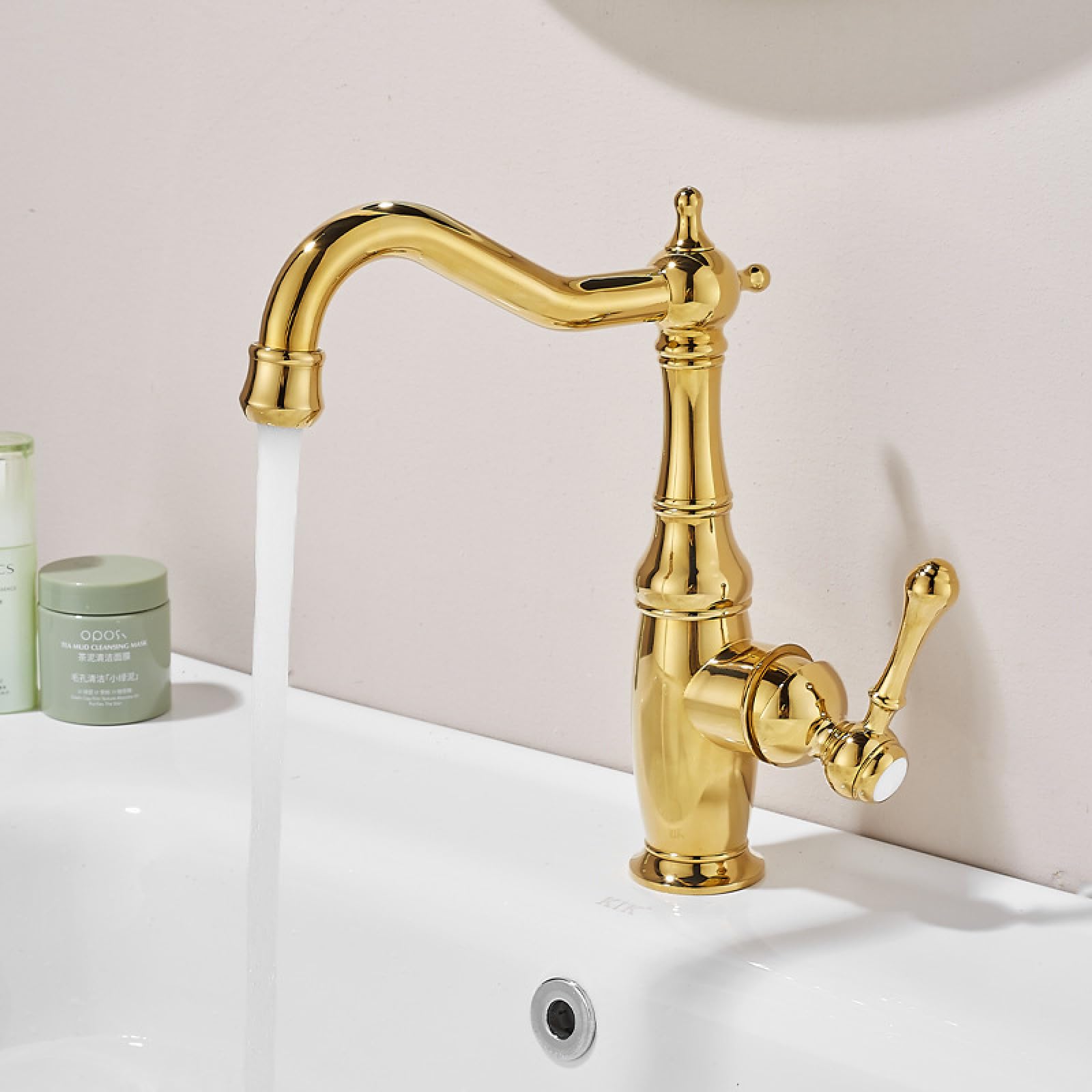 Bathroom: All-Copper Washbasin, Countertop Basin with Hot and Cold Water Faucets, Gold Low