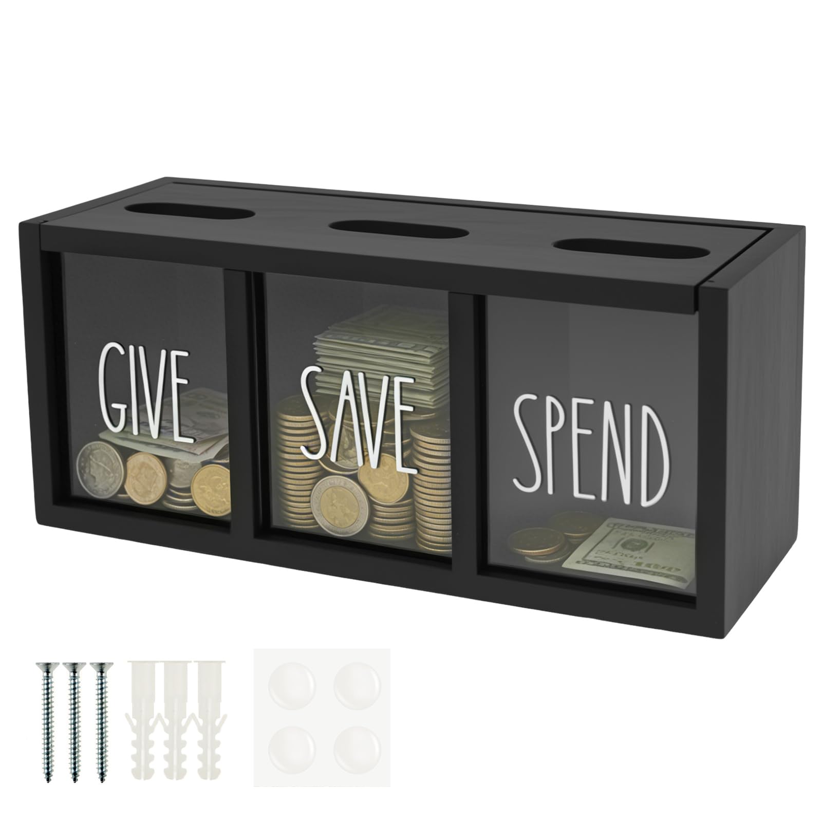 Butory Black Give Save Spend Money Box Visualized Save Spend Bank Wood Money Saving Box Practical Kid Piggy Bank Safe Box Money Saver Countertop Wall Mount Cultivate Money Saving For Kids Home (Black)