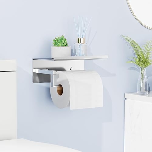 Miniatura 2 de Soporte de papel higiénico de níquel cepillado con estante, soporte de papel higiénico autoadhesivo, soporte para papel higiénico de baño, soporte