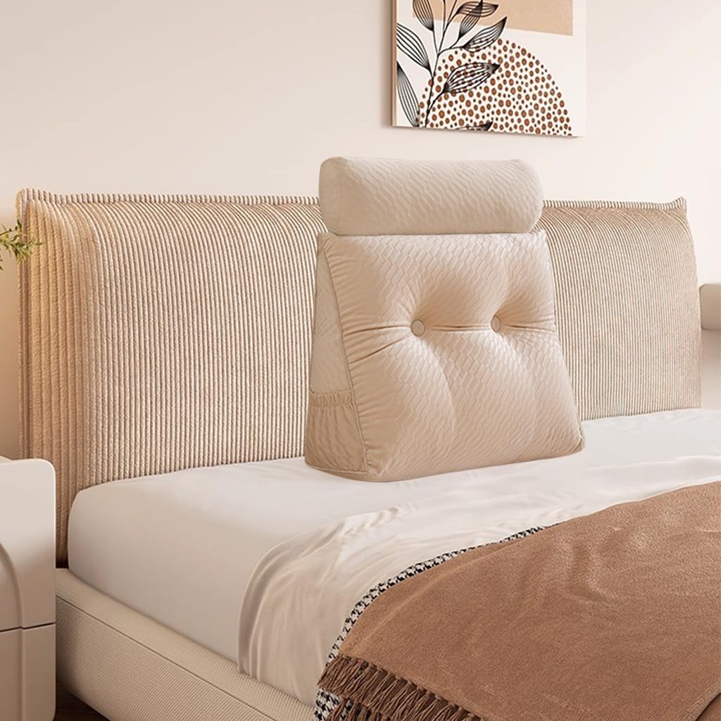 Velvet Headboard Wedge Coussin avec Roll Coussin,Couverture Amovible lit de Jour Oreiller de tête, Appui de positionnement du Dossier Oreiller Repos Lecture Relaxant (Beige, 60 * 50 * 20cm)