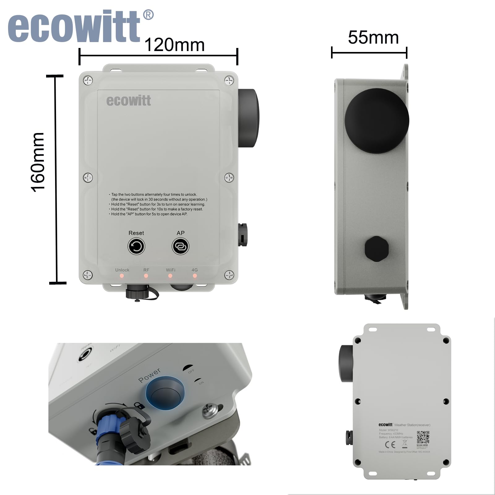 ECOWITT WS6210 Gateway per stazioni meteo, ricevitore mobile della stazione meteo 4G/Wi-Fi per sensori esterni/interni, stazione base IoT per la casa, assistente ecosistemico con pannello solare