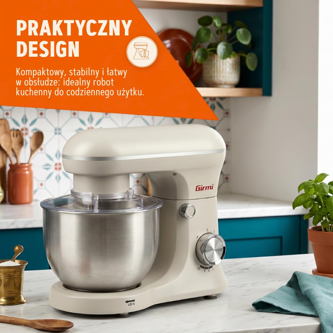 Girmi IM21W Robot planetarny 5 l, 1500 W, 10 prędkości, Gesso | Moc maks. 1500 W, misa ze stali nierdzewnej, 10 prędkości + Pulse i 3 akcesoria do wyrabiania, mieszania i ubijania