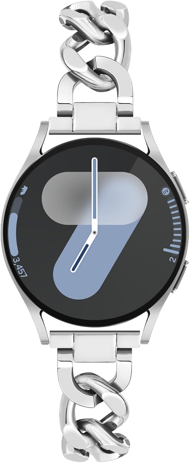 Galaxy Watch 7 6 5 4 FE Band 20mm Cowboy Chain Band for Samsung Galaxy Watch 4 5 6 7 Band 40mm 44mm, Women Metal Band for Samsung Watch Bands 5Pro/Watch 6 4 Classic/Watch 3 41mm/Active 2 Sil