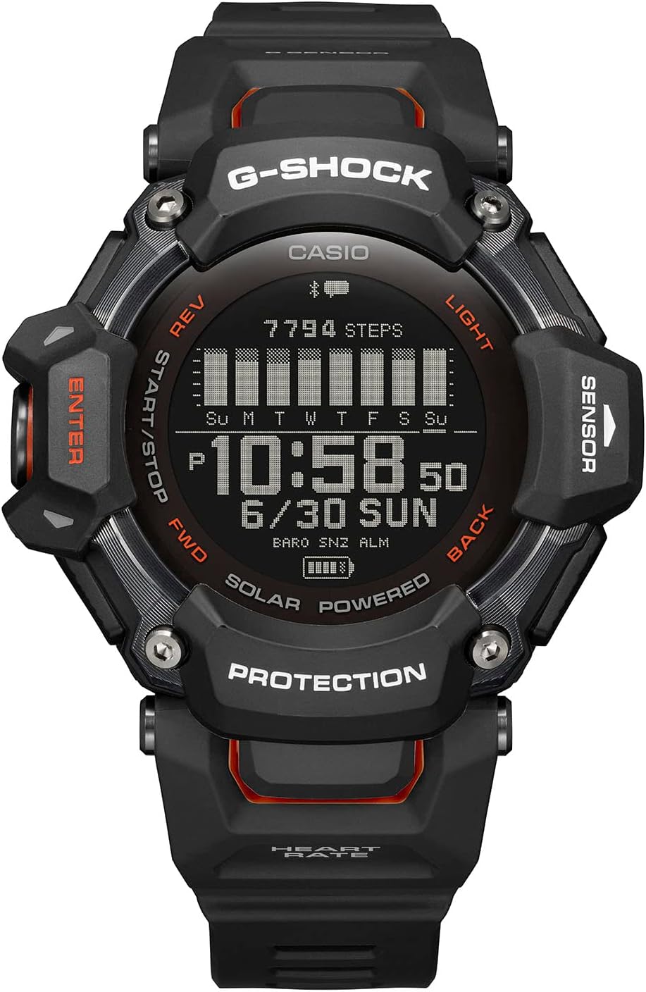 Casio Men's G-Shock Move GBD-H2000 Series, Multisport (Run, Bike, Swim, Gym Workout), GPS + Heart Rate Watch, Quartz Solar Assisted Black and Red Watch with Black Resin Strap