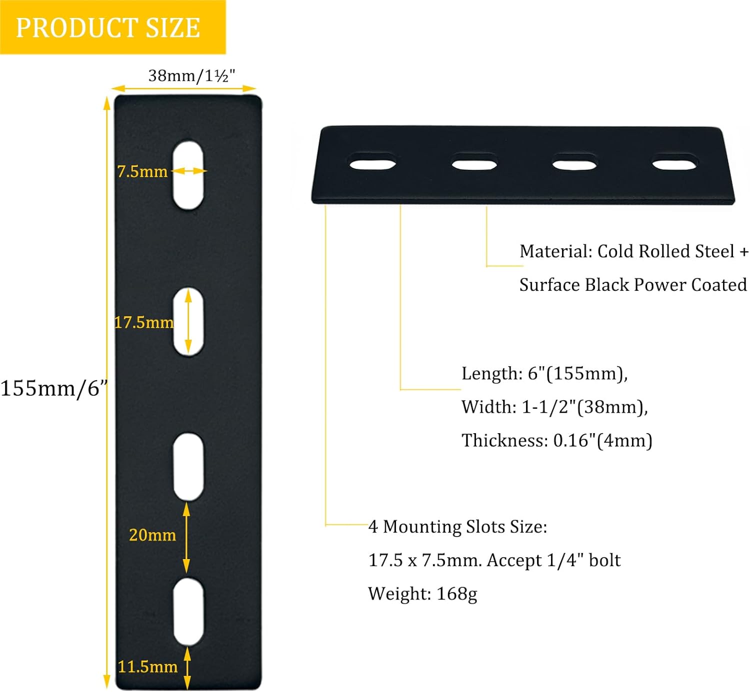 2 Pack Flat Straight Metal Braces，6" x1½ Black Flat Mending Plates for Farmhouse Woodworking，Heavy Duty Flat Repair Plates Bracket Strap Fixing Bracket Connector for Furniture Shelf ，Thickness 4mm