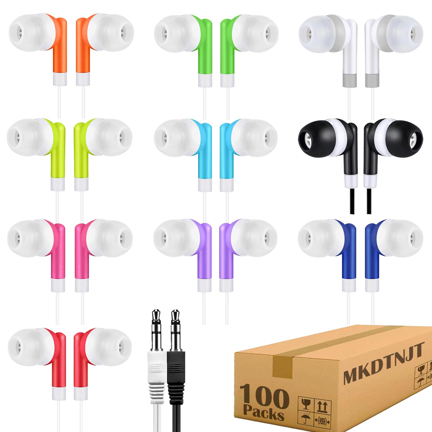 MKDTNJT 100 Pack Bulk Earbuds for Kids School Classroom,Student Wired Headphones with 3.5 mm Jack Multi Colored Earphones for Computer Chromebook