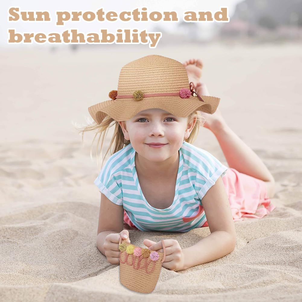 Cappello Da Spiaggia Estivo e Mini Di Borse Set,Cappello Da Sole In Paglia Bambino,Cappello Di Paglia Estivo Per Bambini a Tesa Larga Per I Bambini Turismo Vacanze Spiaggia Attività All'Aperto(Cachi)
