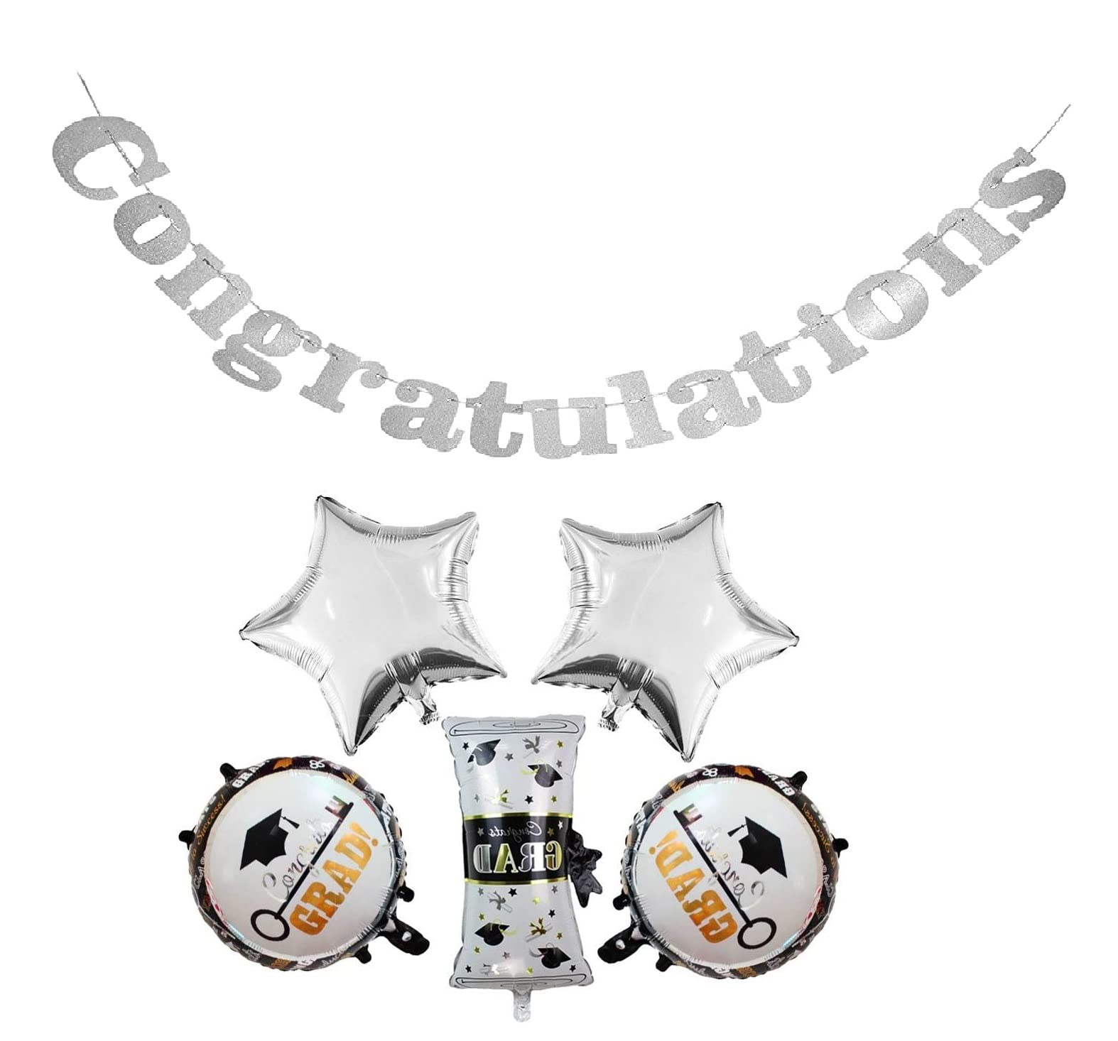 Congrats Grad Mylar Balloons With Glitter Silver Congratulation Banner