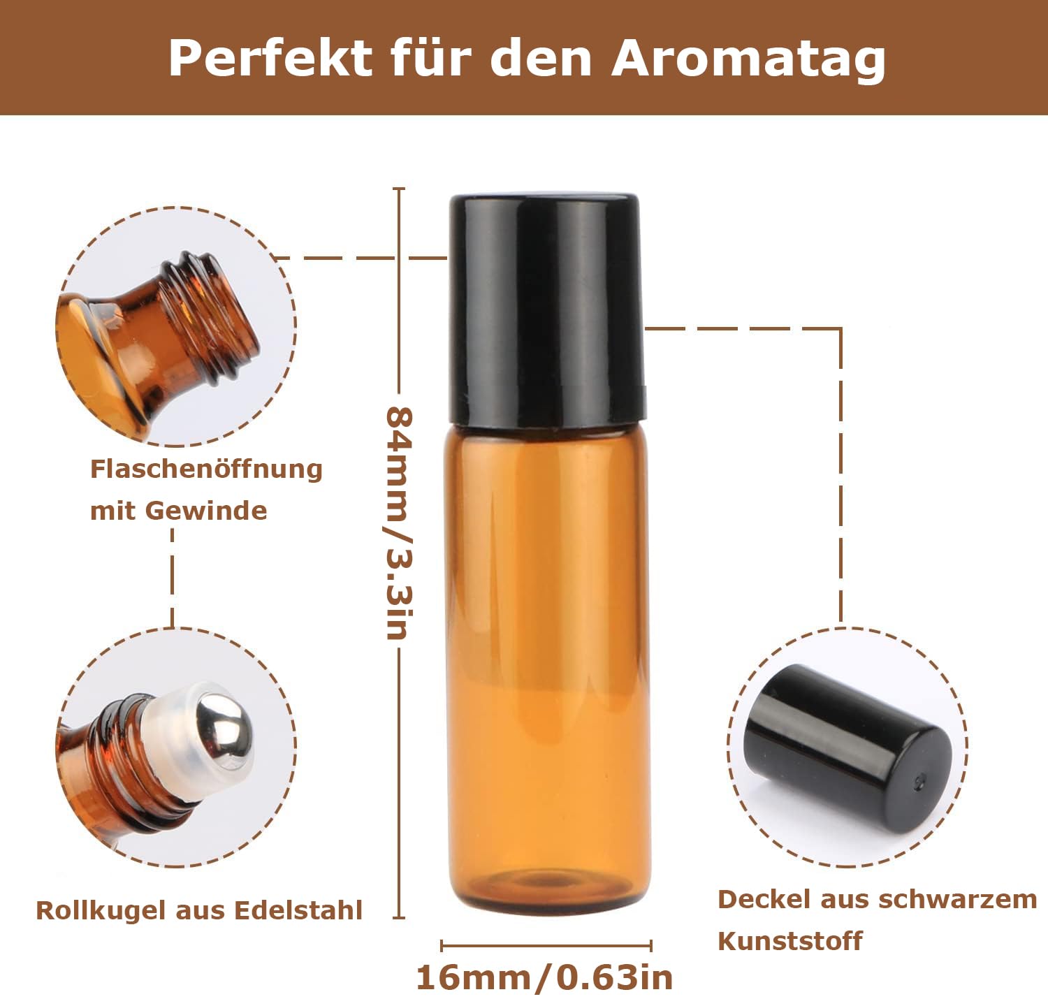 Voarge 10 flaconi di olio marrone da 10 ml, flaconi di vetro roll-on per oli essenziali e profumi