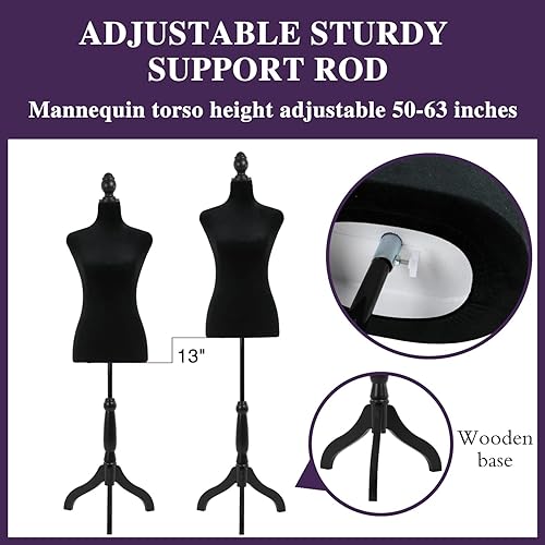 Miniatura 5 de Maniquí femenino con forma de torso de maniquí de 50 a 63 pulgadas para exhibir, altura del cuerpo del maniquí ajustable para coser base de trípode