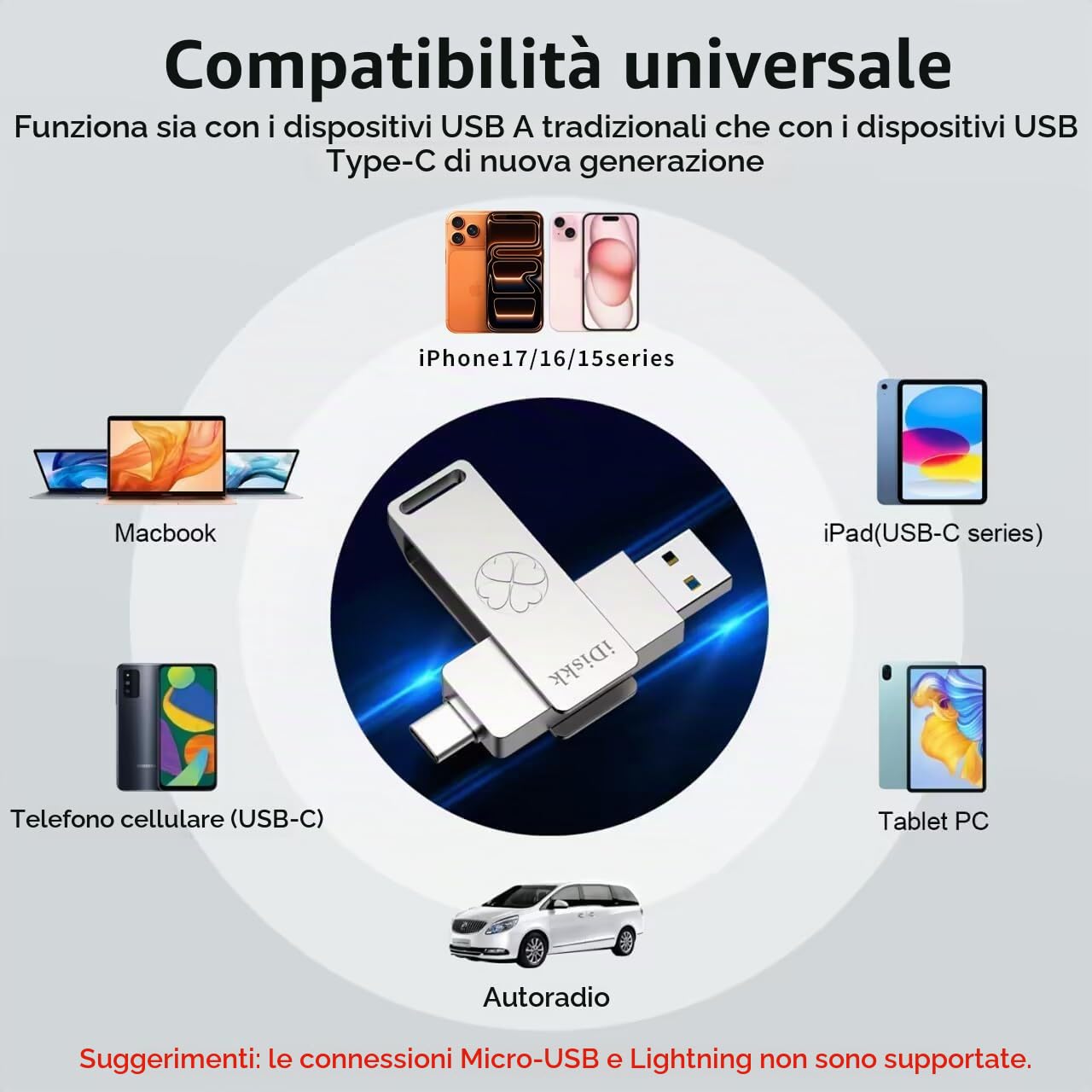 iDiskk Chiavetta USB 3.2 ad alta velocità da 256 GB per iPhone 17/16/15 Pro/Max, USB-C iPad, MacBook, Android, 500 MB/s, con app di backup automatico per foto/video, archiviazione esterna per telefoni