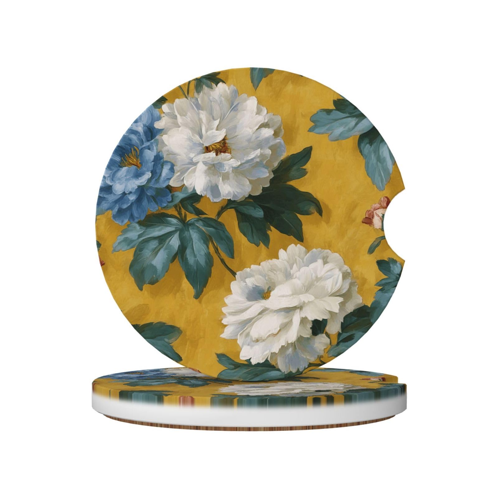 Flower Floral Prints On Yellow Ceramic Coasters,2pcs