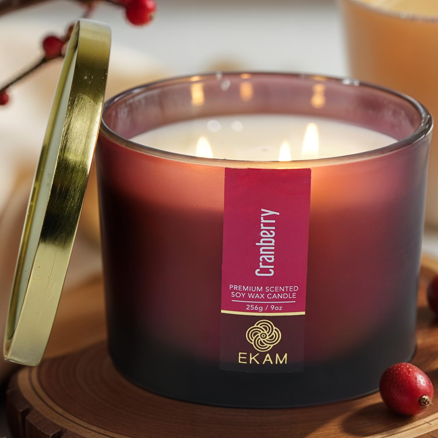 EKAM 3 Wick Soy Wax Scented Candle | Cranberry Fragrance | 35 Hr Burn | Long Lasting Premium Jar Candle for Home Decor, Relaxation & Gifting