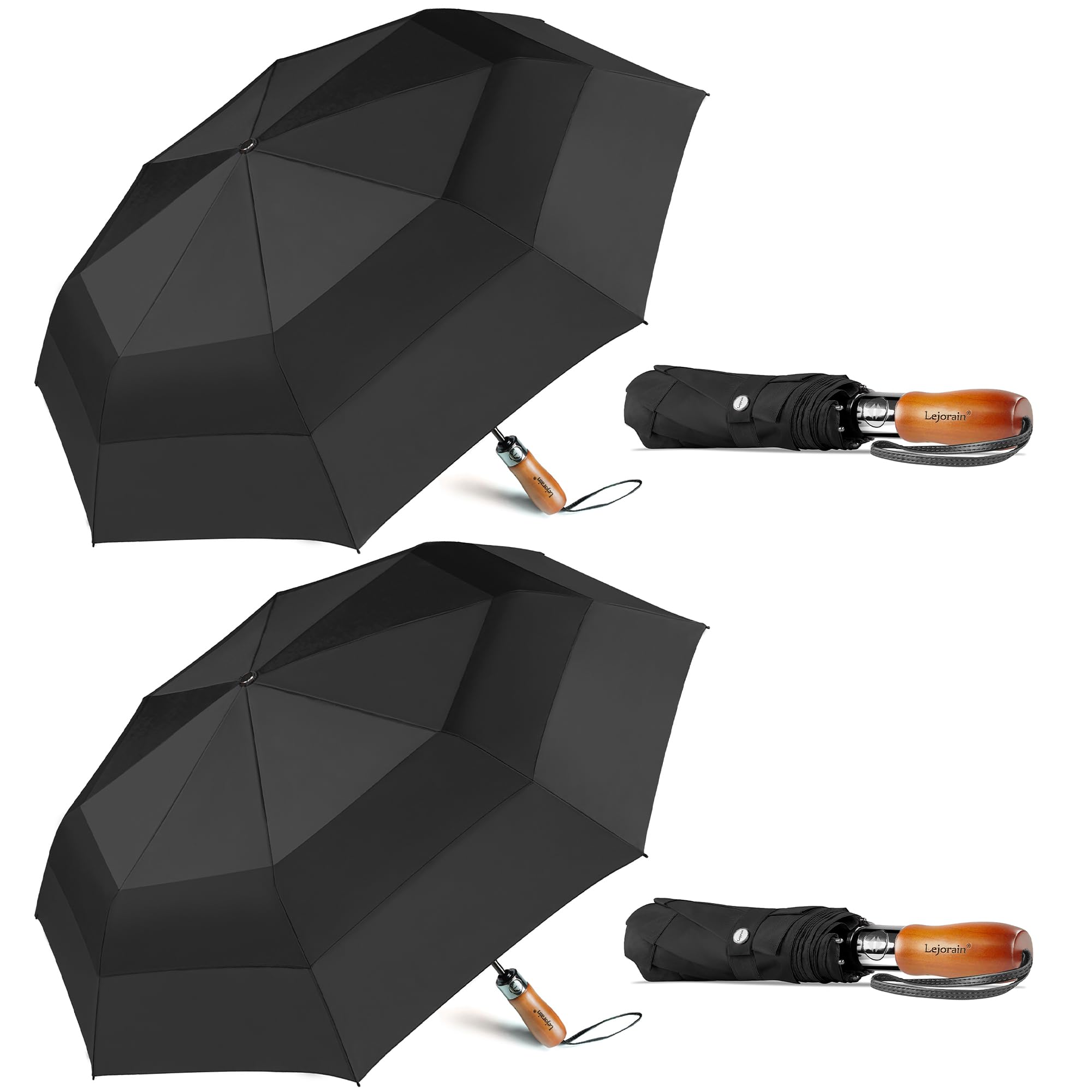 Lejorain Paquete de 2 paraguas de golf – Paraguas de golf automático grande compacto de 54 pulgadas, paraguas plegable resistente al viento 210T teflón ventilado doble toldo