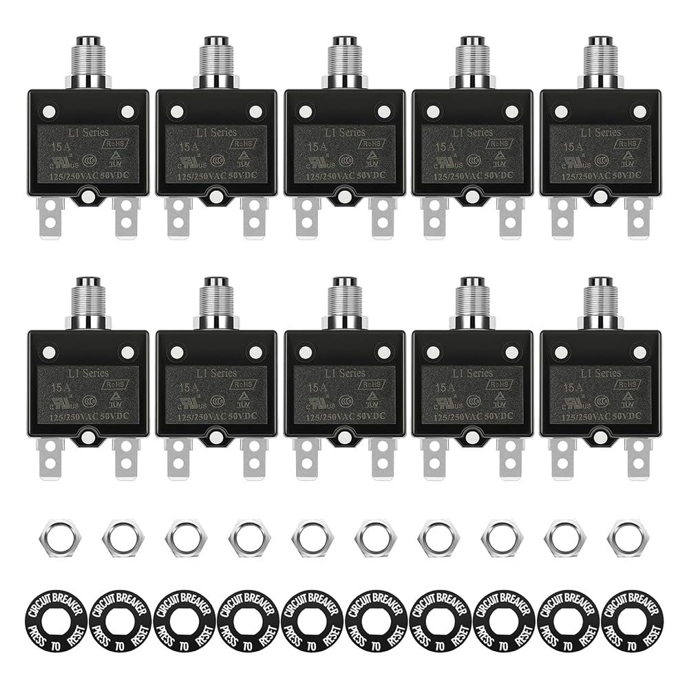 Ehwisbe 15 Amp Breaker Electric Button Breaker 125/250V Ac 50V Dc Thermal Circuit L1 Series With Manual Reset Button L1-15A