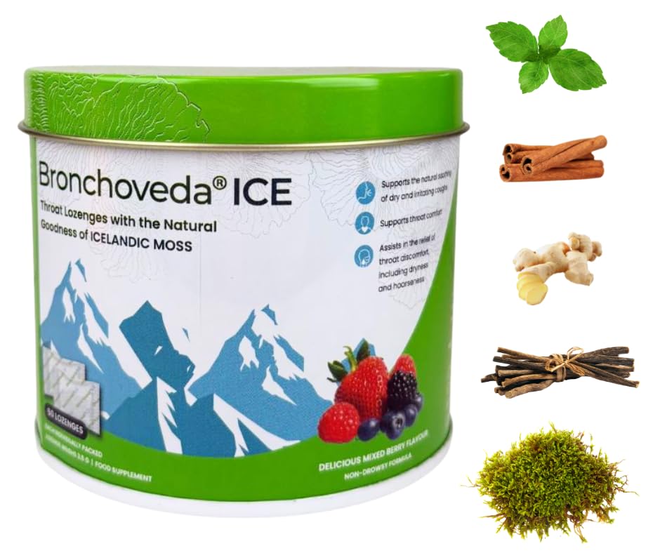Bronchoveda ICE Throat Lozenges with Icelandic Moss Vitamin C Ginger Liquorice Holy Basil & Menthol Sore Throat & Dry Cough Relief | Non-Drowsy | Mixed Berry Flavor Pack of 50