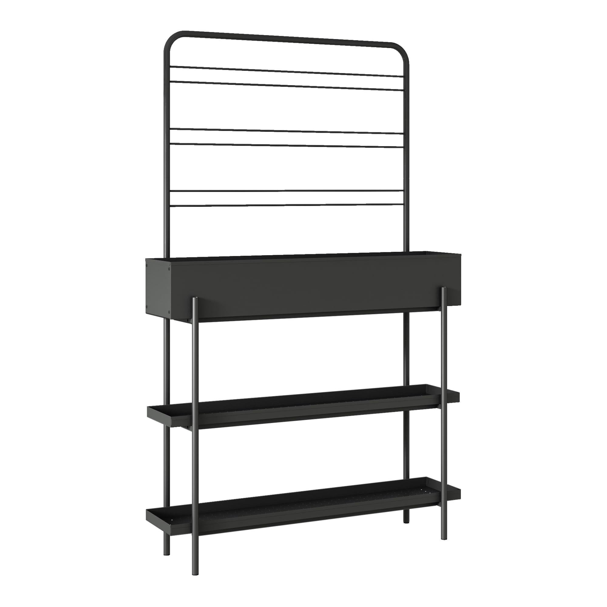 casa.pro Outdoor Pflanzenregal Aalsmeer Pflanzenständer mit Blumenkasten 2 Ablagen Blumenregal aus Metall 154 x 96 x 24 cm indoor Schwarz
